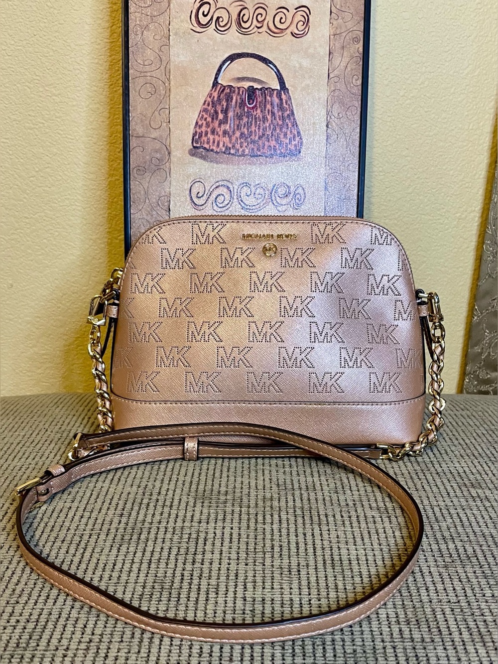 Michael Kors Rose Gold MK-Print Dome Crossbody Bag